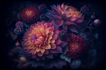 Fototapeta na wymiar Neon colorful dahlia arrangement