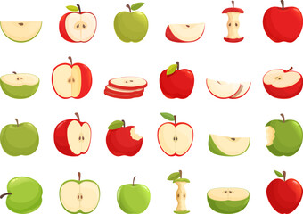 Apple icons set cartoon vector. Slice fruit. Leaf food