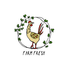 Vector card with hand drawn cute chicken in graceful green wreath. Beautiful ink drawing, graphic style. Perfect elements for food or farming design.