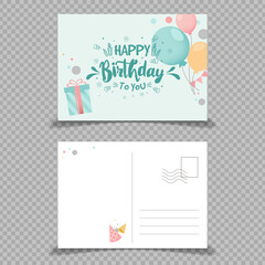 Vector colorful cute happy birthday greeting card postcard template. Greetings card happy birthday design with back of airmail blank postcard. a5 printable template