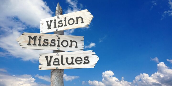 Vision, mission, values - wooden signpost with three arrows