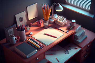 Digital render of a work desk, organized and clean