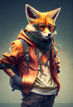 Fox in hip hop clothing, digital render