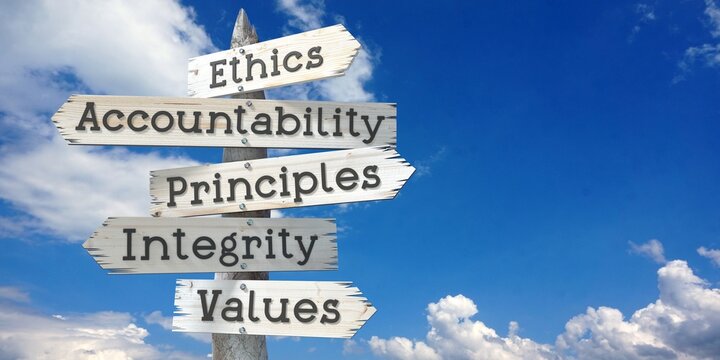 Ethics, accountability, principles, integrity, values - wooden signpost with five arrows