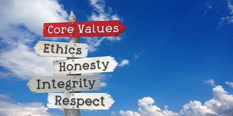 Core values concept - ethics, honesty, integrity, respect - wooden signpost with five arrows