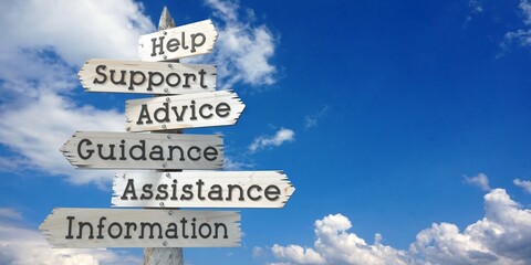 Help, support, advice, guidance, assistance, information - wooden signpost with six arrows © PX Media