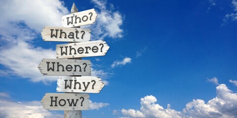 Questions concept - wooden signpost with six arrows © PX Media