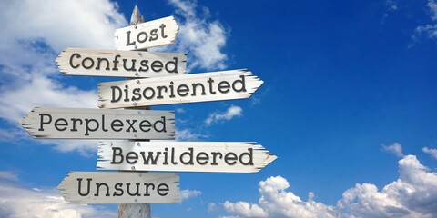Lost, confused, disoriented, perplexed, belidered, unsure - wooden signpost with six arrows © PX Media