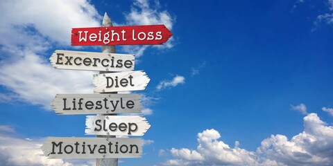 Weight loss concept - wooden signpost with six arrows