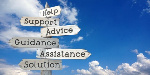 Help, support, advice, guidance, assistance, solution - wooden signpost with six arrows © PX Media