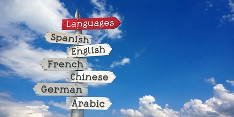 Languages concept - Spanish, English, French, Chinese, German, Arabic - wooden signpost with many arrows © PX Media