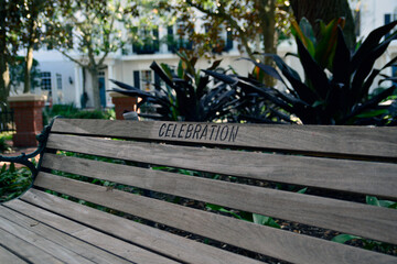 Close-up of wooden park bench with “Celebration” inscribed on it in Celebration, Florida