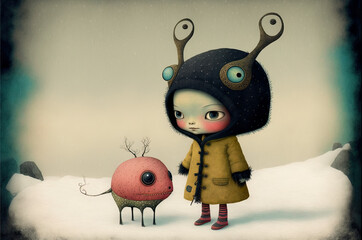 Girl with her familiar demon, cute illustration of a young girl and her loved monster, illustration in muted colors, illustration, digital