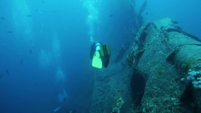 Scuba diver exploring sunken vessel underwater, back view tracking shot. Ocean bottom diving, marine wildlife ecosystem, old boat wreck undersea