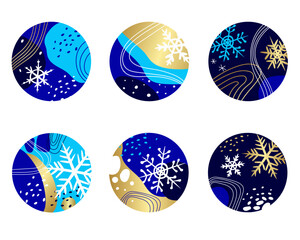 Round winter icons for social media stories. Set of round covers with snowflakes, abstract lines and spots. Christmas, New Year modern designs in blue and gold colors. Vector.
