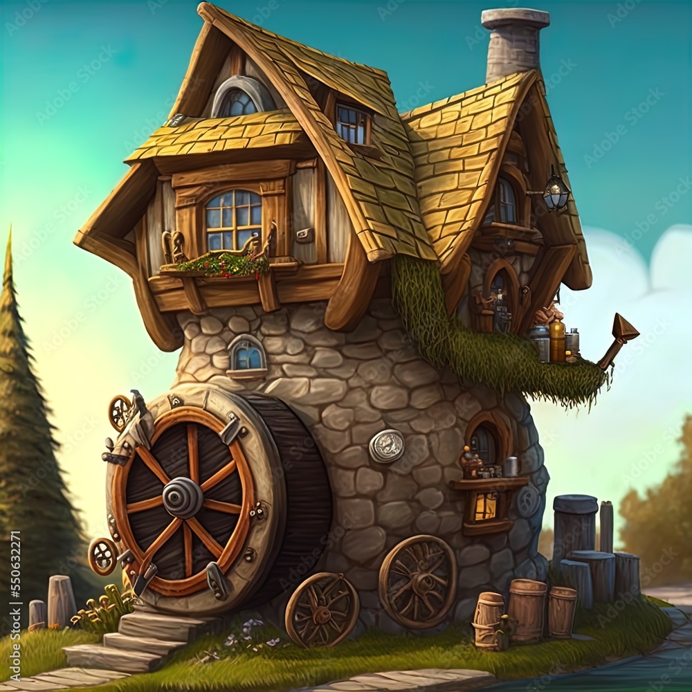 Wall mural Fairytale house where gnomes, goblins, fairies, elves and other magical creatures live. - Wall murals