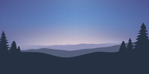 Mountains panoramic night view with stary sky, nature illustration