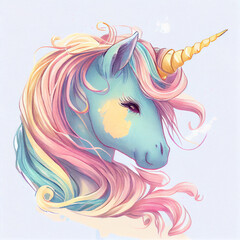 Unicorn illustration for children design. Rainbow hair. Isolated. Cute fantasy animal.