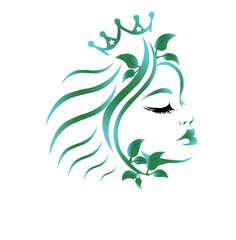 Vector girl with long hair and crown. Organic hair care concept. Silhouette lines of the woman s face, isolated on white background, vector illustration. Beauty logo with woman face. Green Queen Logo.