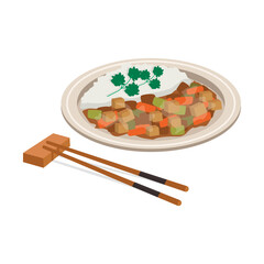 Chinese national food. Gabajou. Pork in sweet and sour sauce with vegetables and rice. 