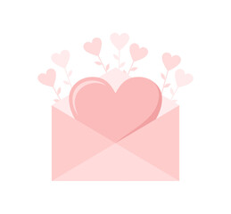 Pink envelope with big heart inside and hearts on stems around on a white background. Happy Valentines day, love letter concept. Flat vector illustration