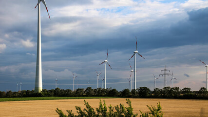 Wind turbines in Germany. Wind farm. Green electricity production.
