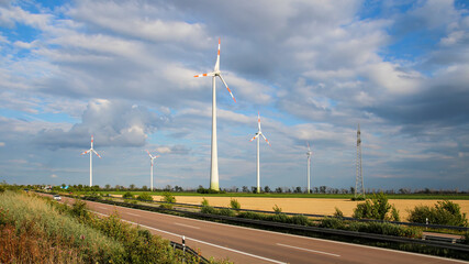 Wind turbines in Germany. Wind farm. Green electricity production.