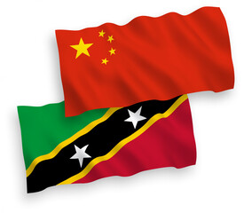 National vector fabric wave flags of Federation of Saint Christopher and Nevis and China isolated on white background 1 to 2 proportion.