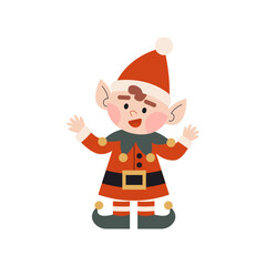 Christmas elf in red costume. Little Santa's helper with waging hands. Dwarf little fantasy helpers. Children winter character. Elf for party invitations or greeting cards. Flat vector. 