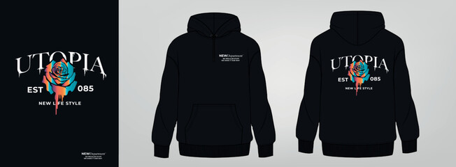 black hoodie, art design, rose in back
