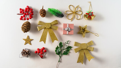 Christmas composition - toys, gifts, pine branches on a white background. Flat lay.