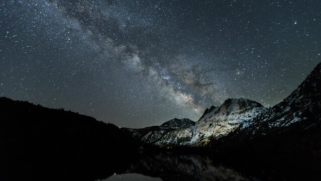 Amazing time-lapse of the night sky with the stars being reflected in a lake.
