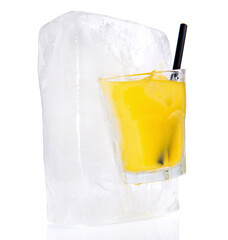 Frozen Orange Juice Glass - Ice Cube - Ice Melting - White Background