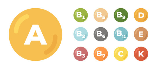 Vitamin A, B group, C, D, E, K icons set. Collection of round flat simple icons.