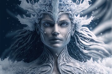 Fototapeta na wymiar Goddess of Winter made from Snowflakes. Generative AI, non-existent person. 