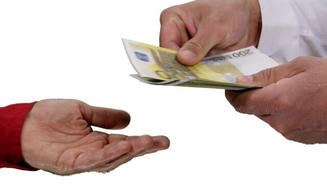 Male hands counting money in euro carefully and handing it over, Full HD footage with alpha transparency channel isolated on white background 
