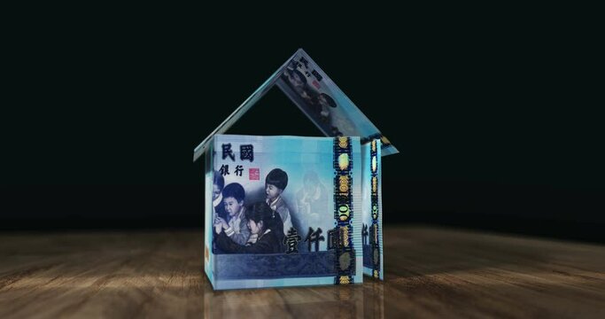 Taiwanese Dollar 1000 TWD money banknotes paper house on the table. Taiwan currency notes 3D concept of home mortgage loan, debt, rent, costs, liabilities and building wealth financing.