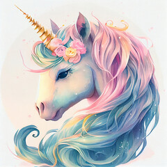 Unicorn illustration for children design. Rainbow hair. Isolated. Cute fantasy animal. - 550635031