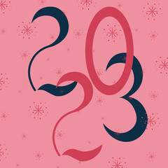 Bicolor 2023 number on pink backgrpund with snowflakes. Style template for calendar cover. New year concept. Marketing material, website banner concept, social media. 