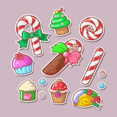 A set of christmas candies, xmas candy sticker collection isolated decoration. New-year collection