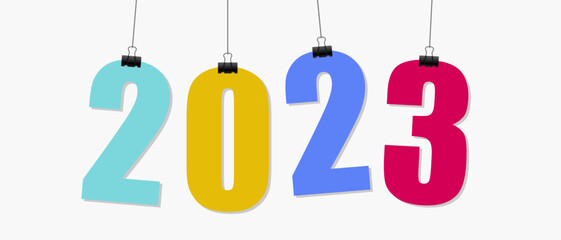 Happy New Year 2023 hanging typography on white.