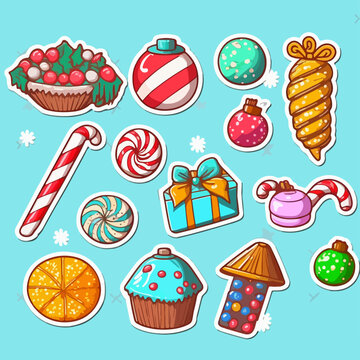 A set of christmas candies, xmas candy printable sticker collection sheet. New-year collection