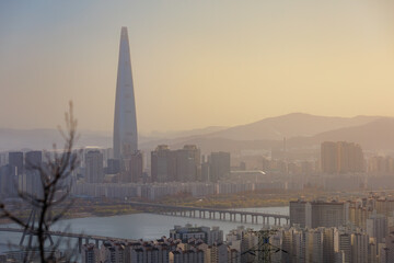 Han river scenic of sunset moment from the mountain (Seoul cityscape)