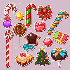 Christmas sweets sticker set, xmas candy sticker collection elements. Winter holidays