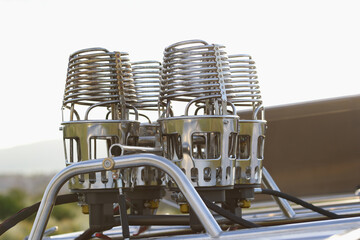 Close-up of gas burner equipment of hot air balloon.