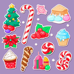 Christmas sweets sticker set, xmas candy sticker collection isolated decoration. New-year collection