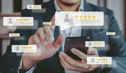 Business people using smartphone and pressing review popup on visual screen, customer review by...