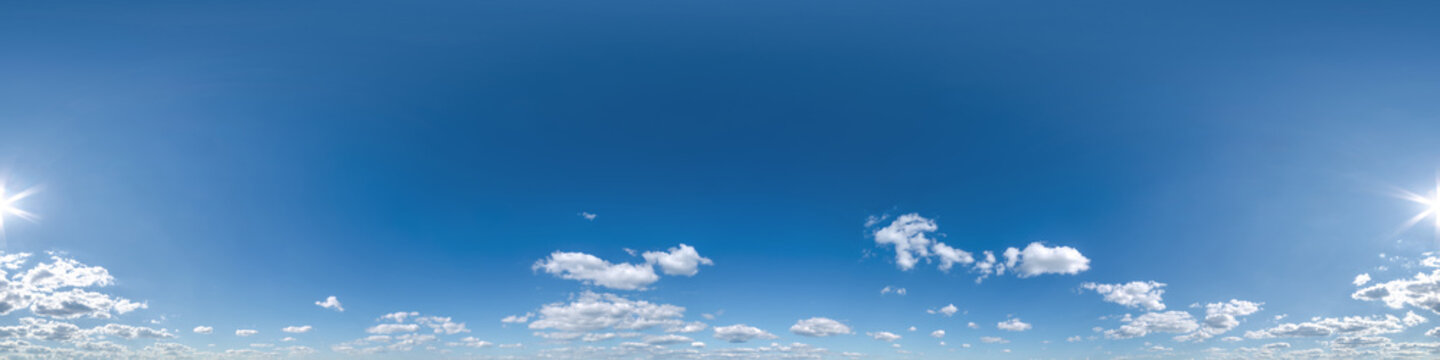 blue sky with beautiful clouds as seamless hdri 360 panorama view with zenith in spherical equirectangular format for use in 3d graphics or game development as sky dome or edit drone shot