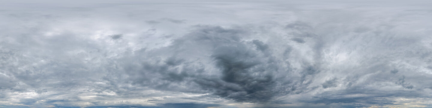 dark sky with storm clouds before rain as seamless hdri 360 panorama view with zenith in spherical equirectangular format for use in 3d graphics or game development as sky dome or edit drone shot