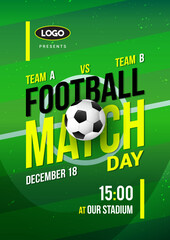 Football Match Day poster vector illustration. Ball on soccer pitch